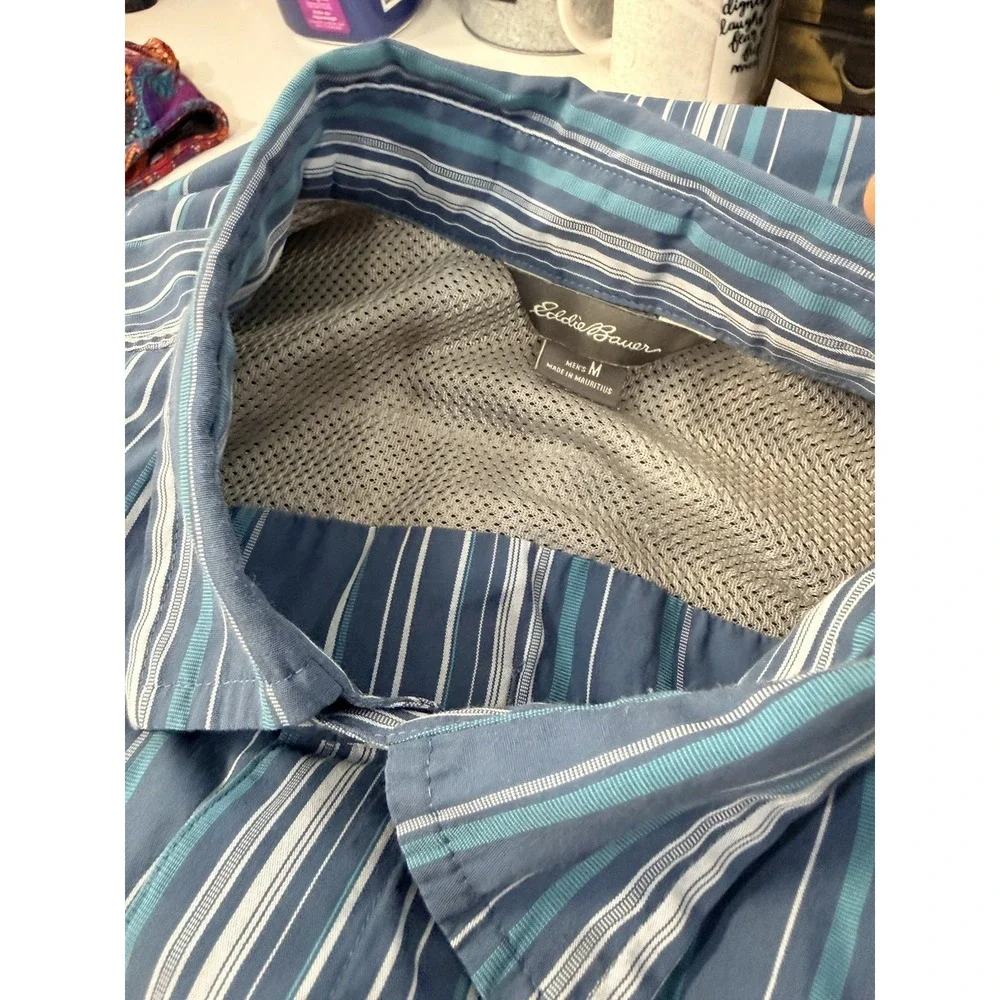 Eddie Bauer Men's Sz M Set Of Blue Striped & Plaid Button Up Pocket Front Shirts